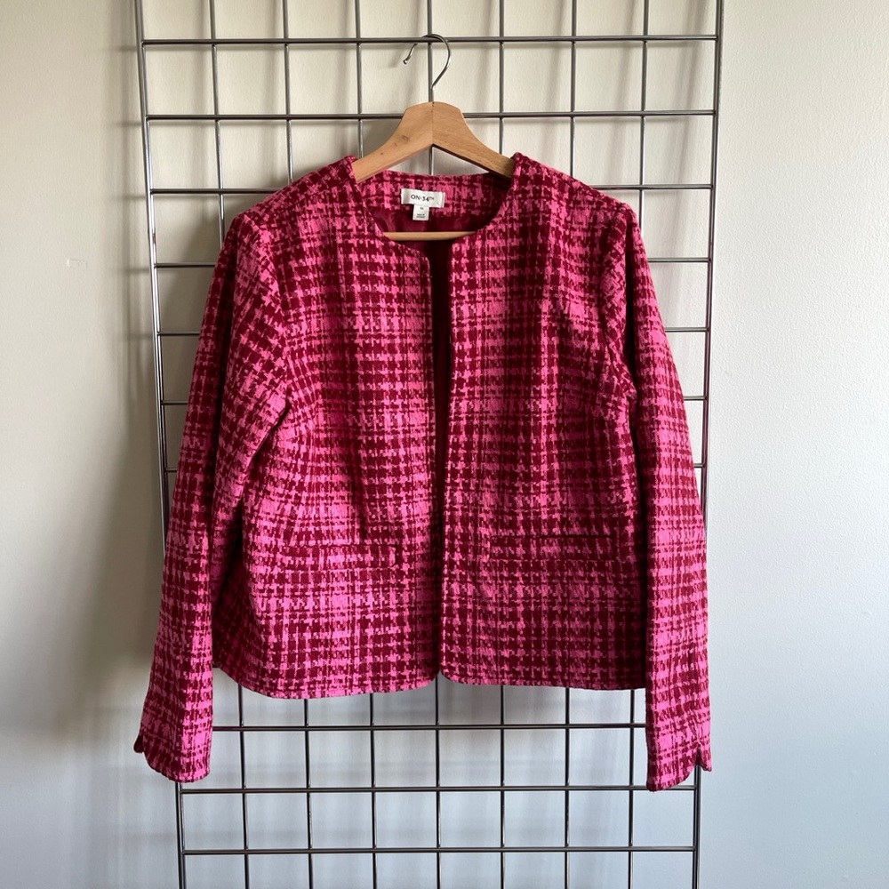Ann Taylor Fuchsia Plaid Tweed Open-Front Jacket